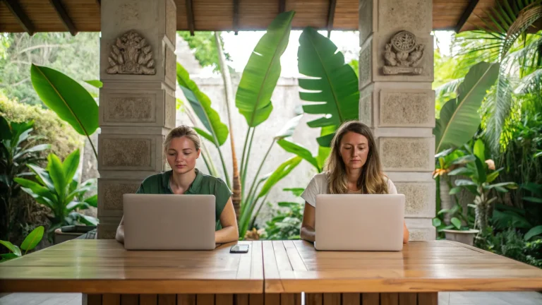 Content creators working remotely on laptops at a tropical Bali workspace