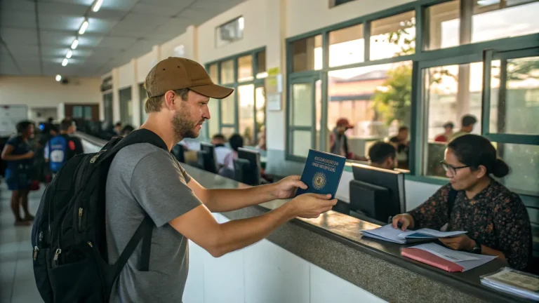 Immigration officer checking a traveler's passport at Bali airport, tourist visa vs C5A visa
