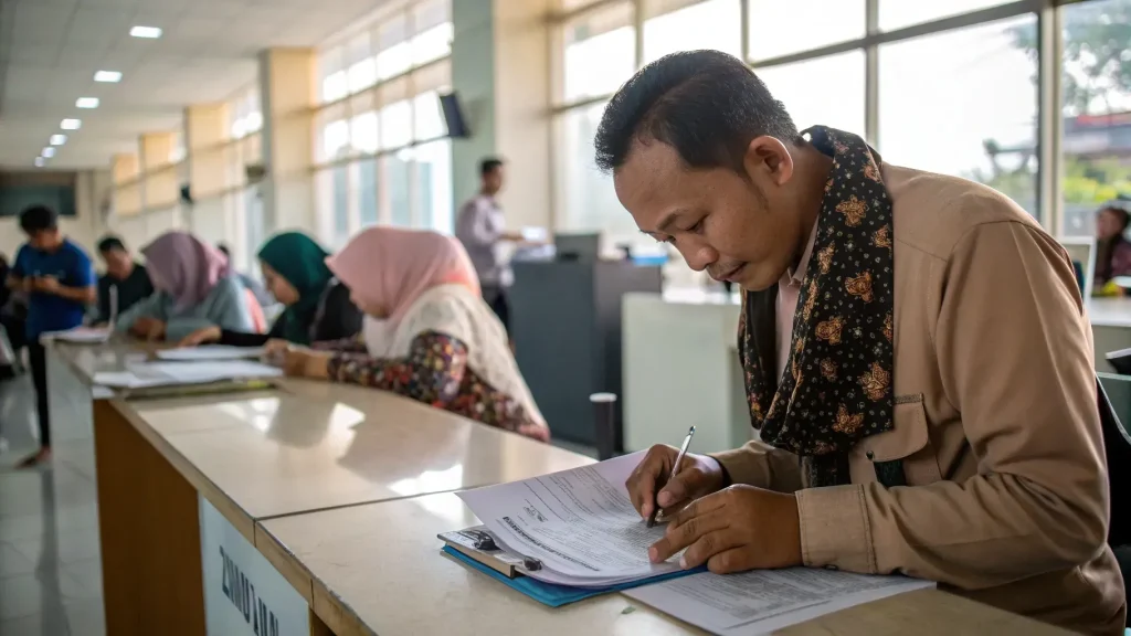 Applicants filling out visa forms at an Indonesian immigration office counter