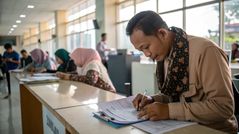 Applicants filling out visa forms at an Indonesian immigration office counter