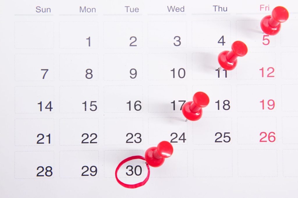 Calendar with red push pins marking important visa renewal dates