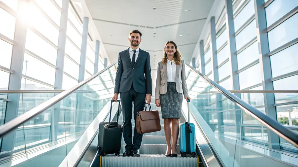 Two business travelers with luggage on an airport escalator