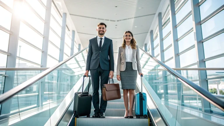 Two business travelers with luggage on an airport escalator