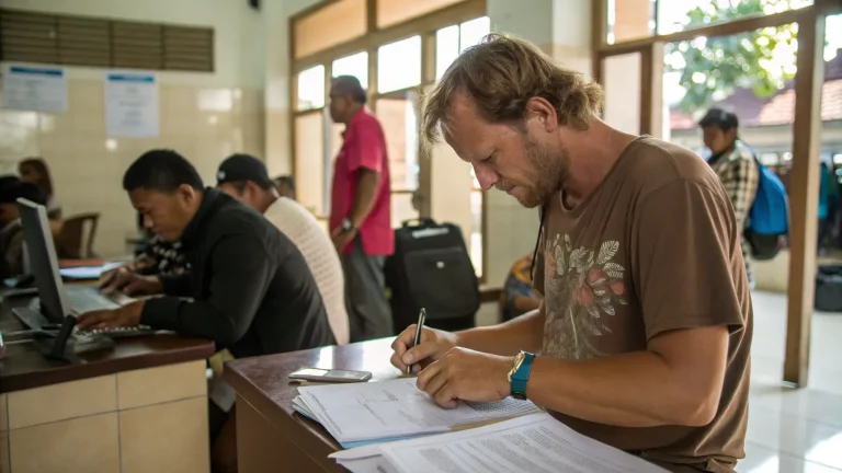Foreign applicant filling out visa forms at an immigration office counter