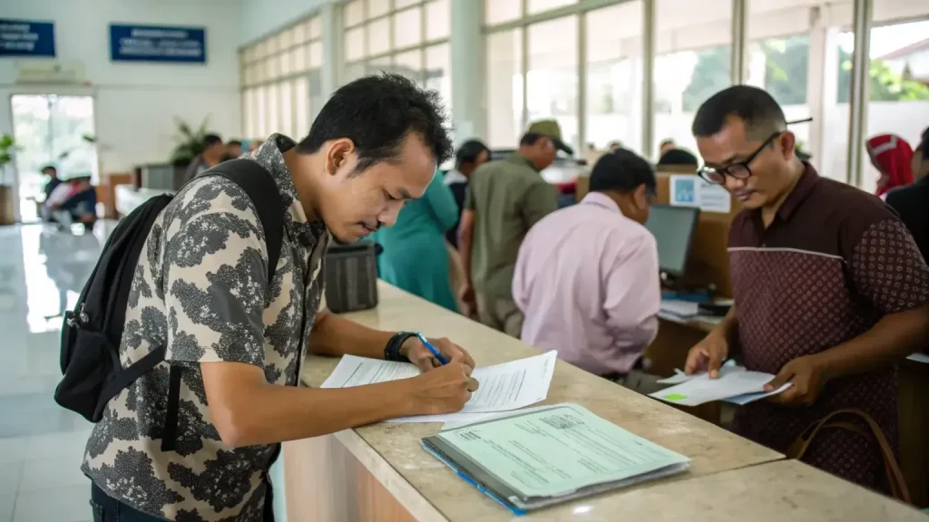 Applicants submitting visa documents at an Indonesian government office counter