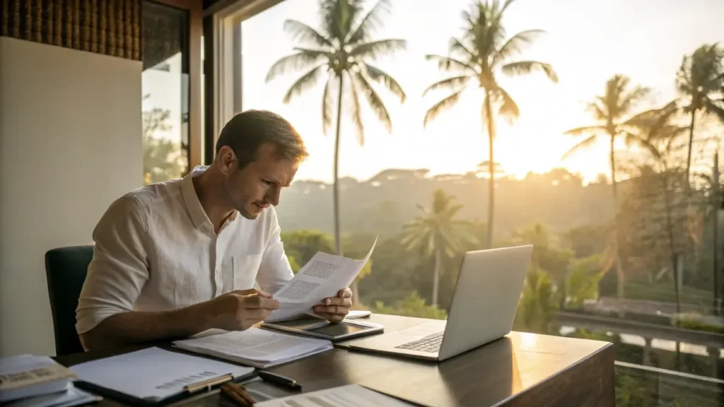 Man reviewing visa requirement documents with laptop and palm tree view in Bali