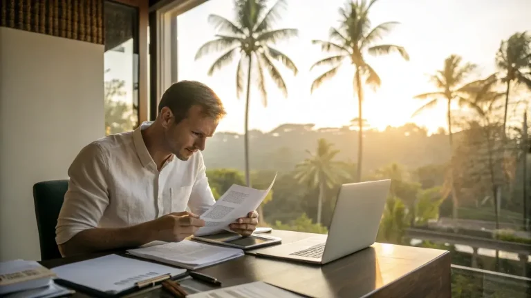 Man reviewing visa requirement documents with laptop and palm tree view in Bali