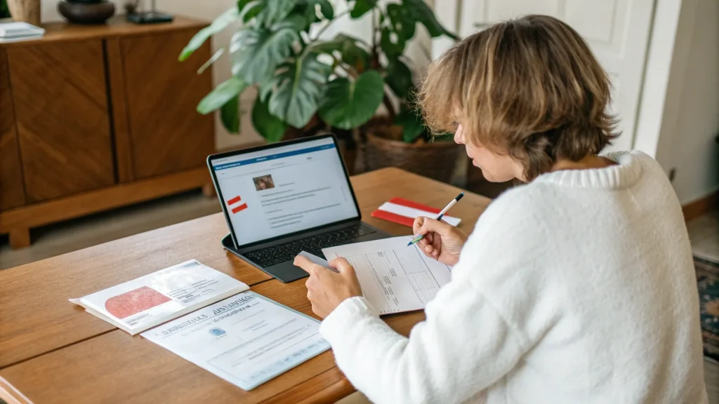 Person reviewing visa documents and ID card while on a video call with laptop