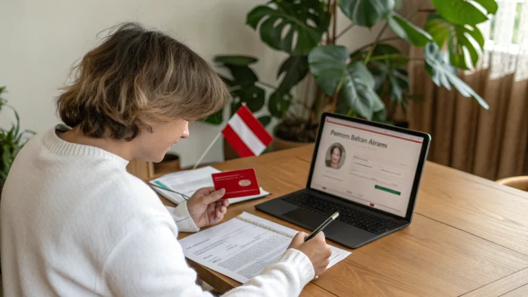 Person filling out visa application paperwork at a home desk