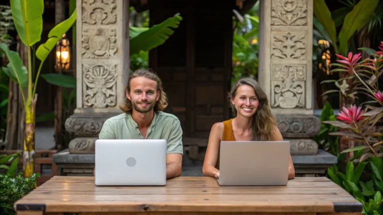 Two content creators working on laptops at a traditional Balinese villa