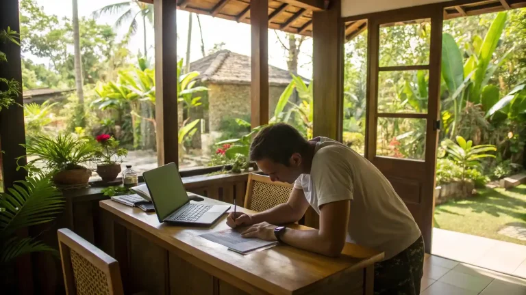 Foreign resident signing visa extension paperwork with laptop at a Bali villa desk
