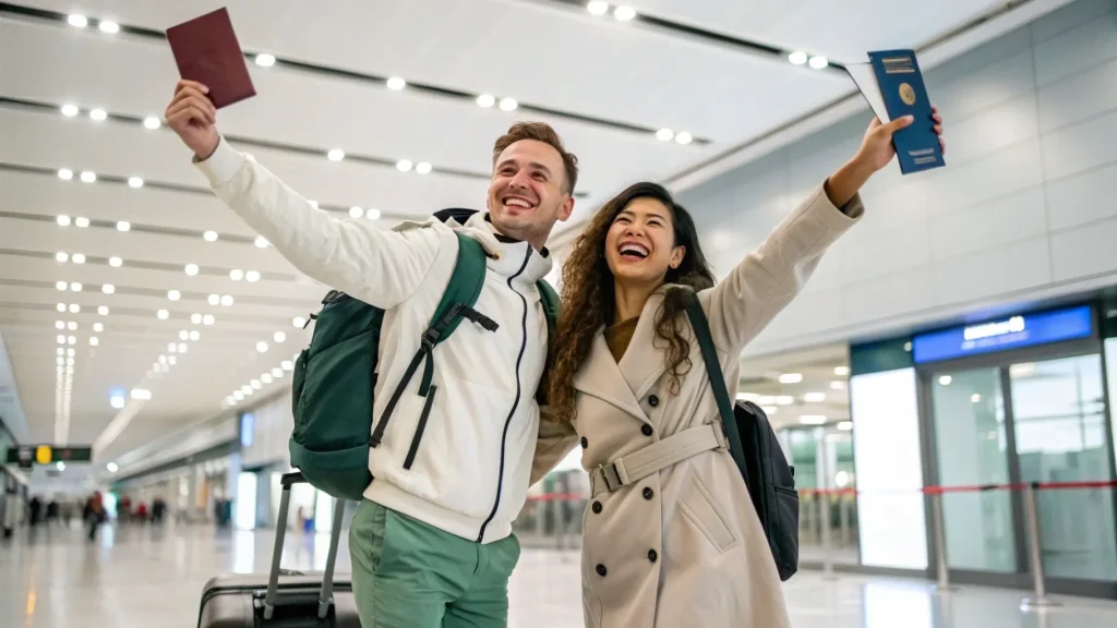 Couple joyfully raising their passports at the airport terminal
