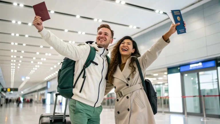 Couple joyfully raising their passports at the airport terminal