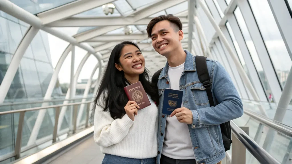 Happy couple holding passports at an airport walkway