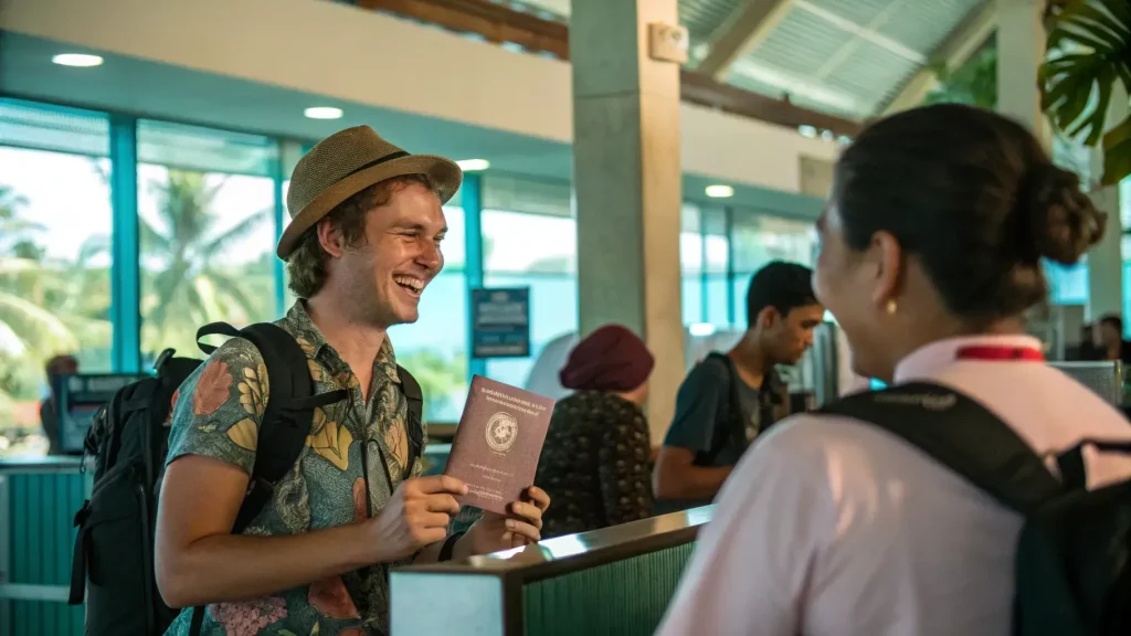 Smiling tourist showing passport to an immigration officer at a Bali airport counter