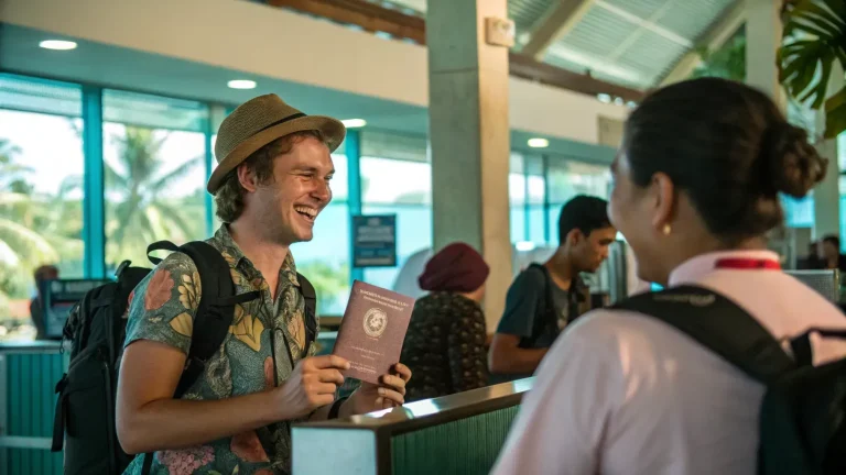 Smiling tourist showing passport to an immigration officer at a Bali airport counter